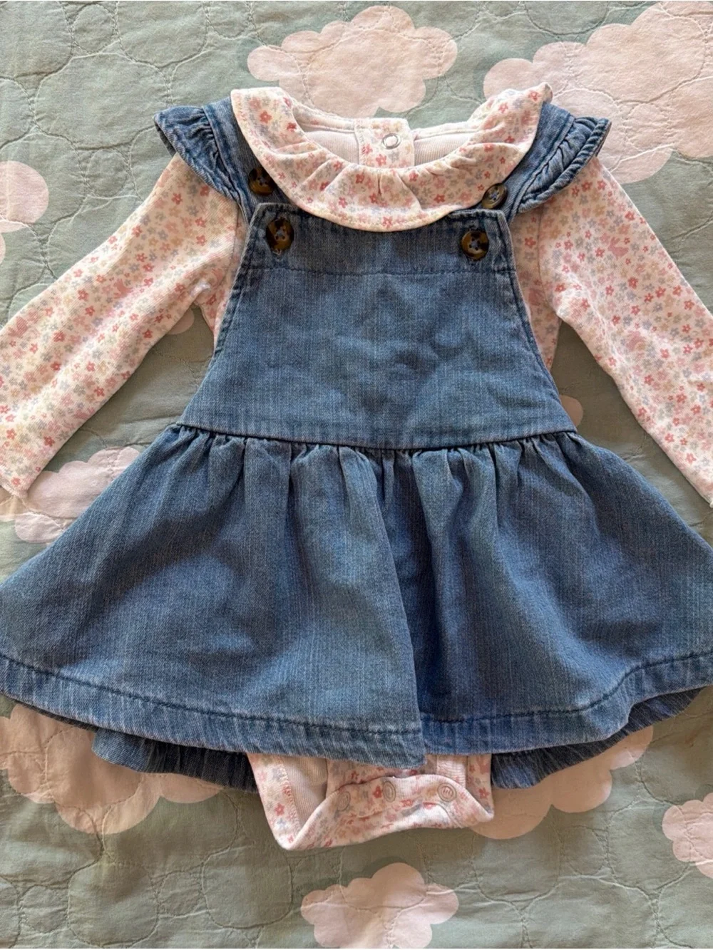 Carter's 4pc Outfit Set Baby Girl 3m Corduroy Jumper Dress Bodysuit blue & pink